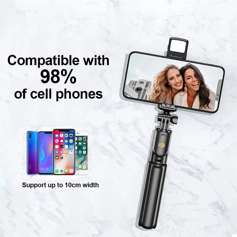 Wireless Selfie Stick Tripod Stand with Light Bluetooth Remote Extendable for iPhone Mobile Phone Tk Live Streaming