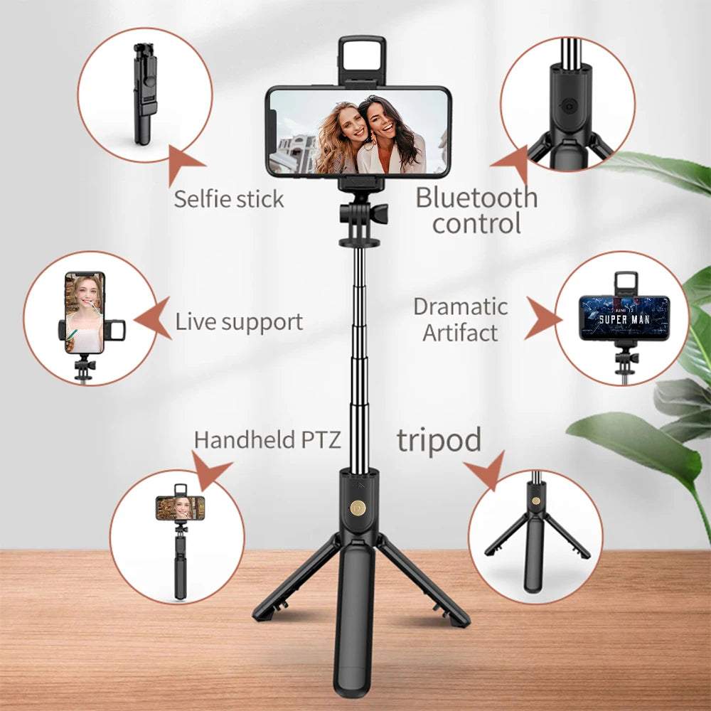 Wireless Selfie Stick Tripod Stand with Light Bluetooth Remote Extendable for iPhone Mobile Phone Tk Live Streaming