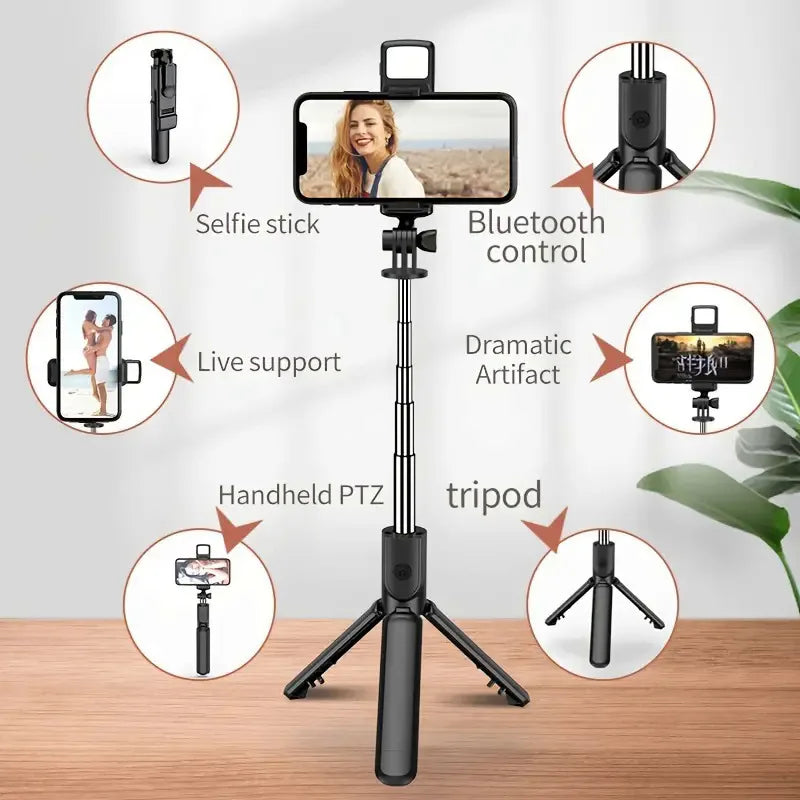 All In One Portable Tripod for iphone Selfie Stick With Fill Light Extendable Phone Stand for Tiktok Live BT Remote Control